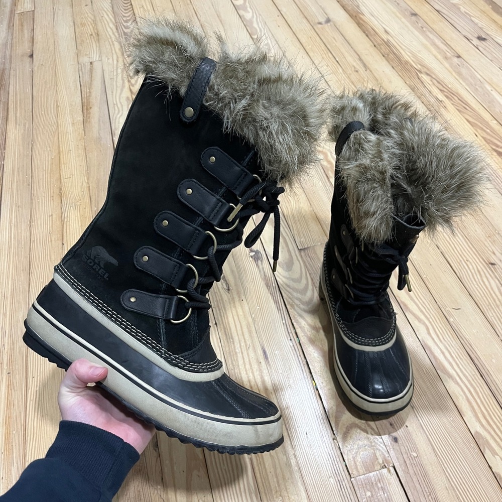 Sorel Joan of Arctic Winter Boots Womens 10 Black Waterproof Faux Fur Suede